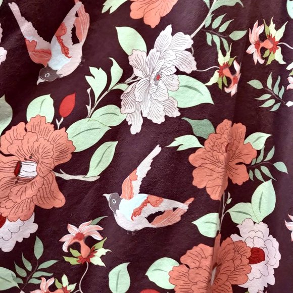 Folter Womens Brown Pink Floral Bird Crossover Bust Flare Skirt Retro Dress L - Picture 8 of 10